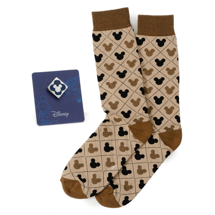 Disney Mickey Mouse Tan Sock &amp; Mickey Lapel Pin Set featuring tan socks with a brown diamond pattern containing silhouettes, paired with a square Mickey lapel pin.