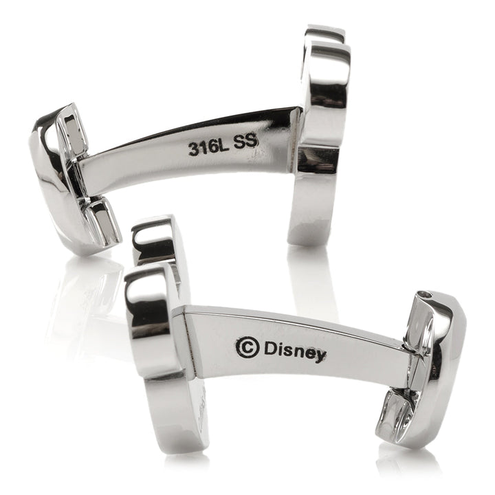 Two silver-tone Disney Mickey Mouse Mother of Pearl Cufflinks showing the back of the posts, one stamped “316L SS” and the other with a Disney copyright logo.