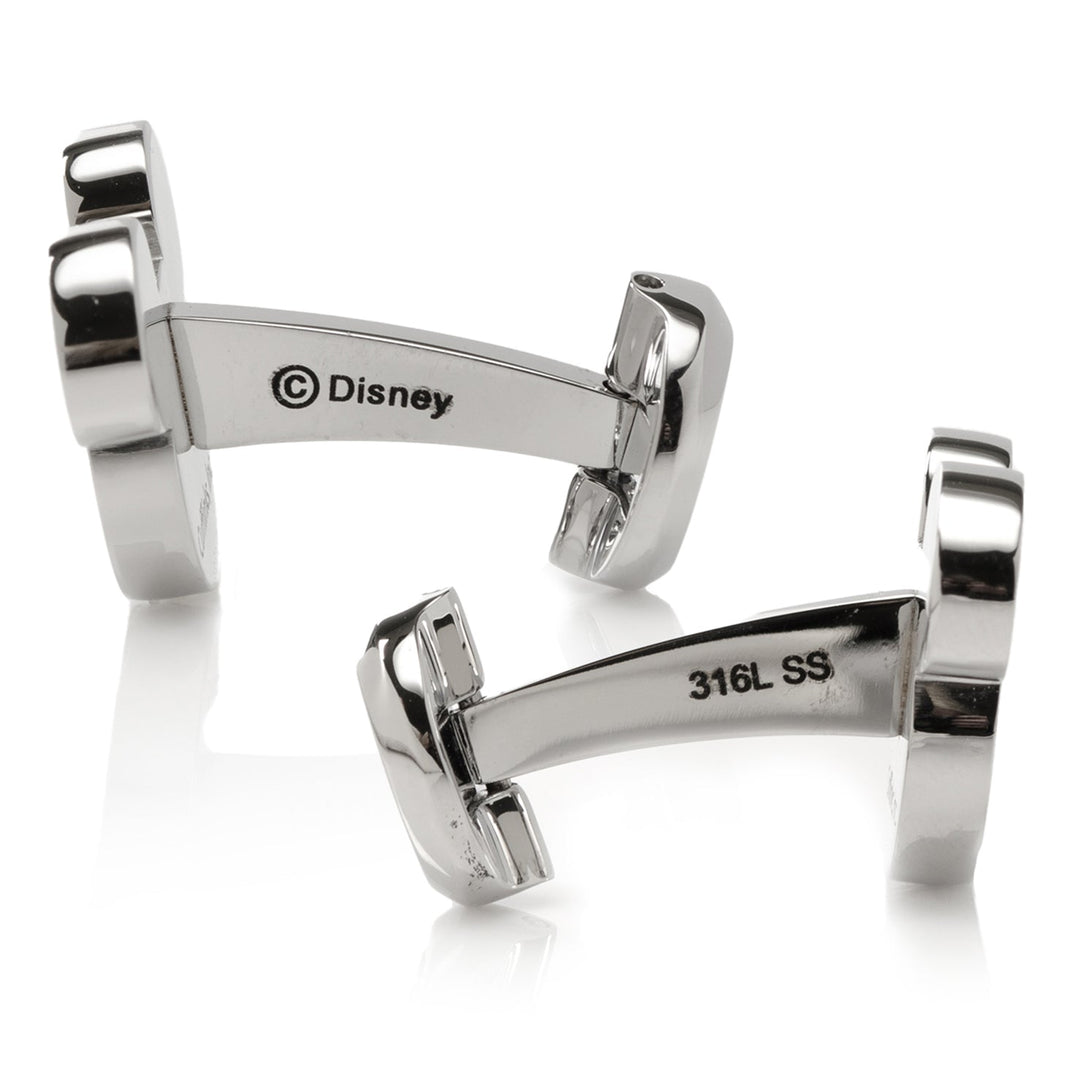 Disney Mickey Mouse Mother of Pearl Cufflinks in silver-toned metal with mother of pearl accents, featuring “Disney” and “316L SS” engraved on the posts.