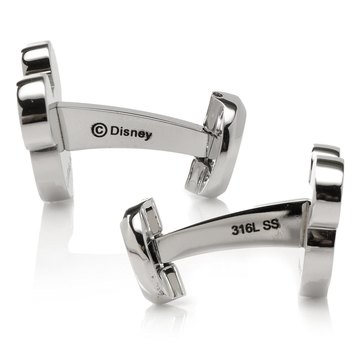 Disney Mickey Mouse Mother of Pearl Cufflinks in silver-toned metal with mother of pearl accents, featuring “Disney” and “316L SS” engraved on the posts.
