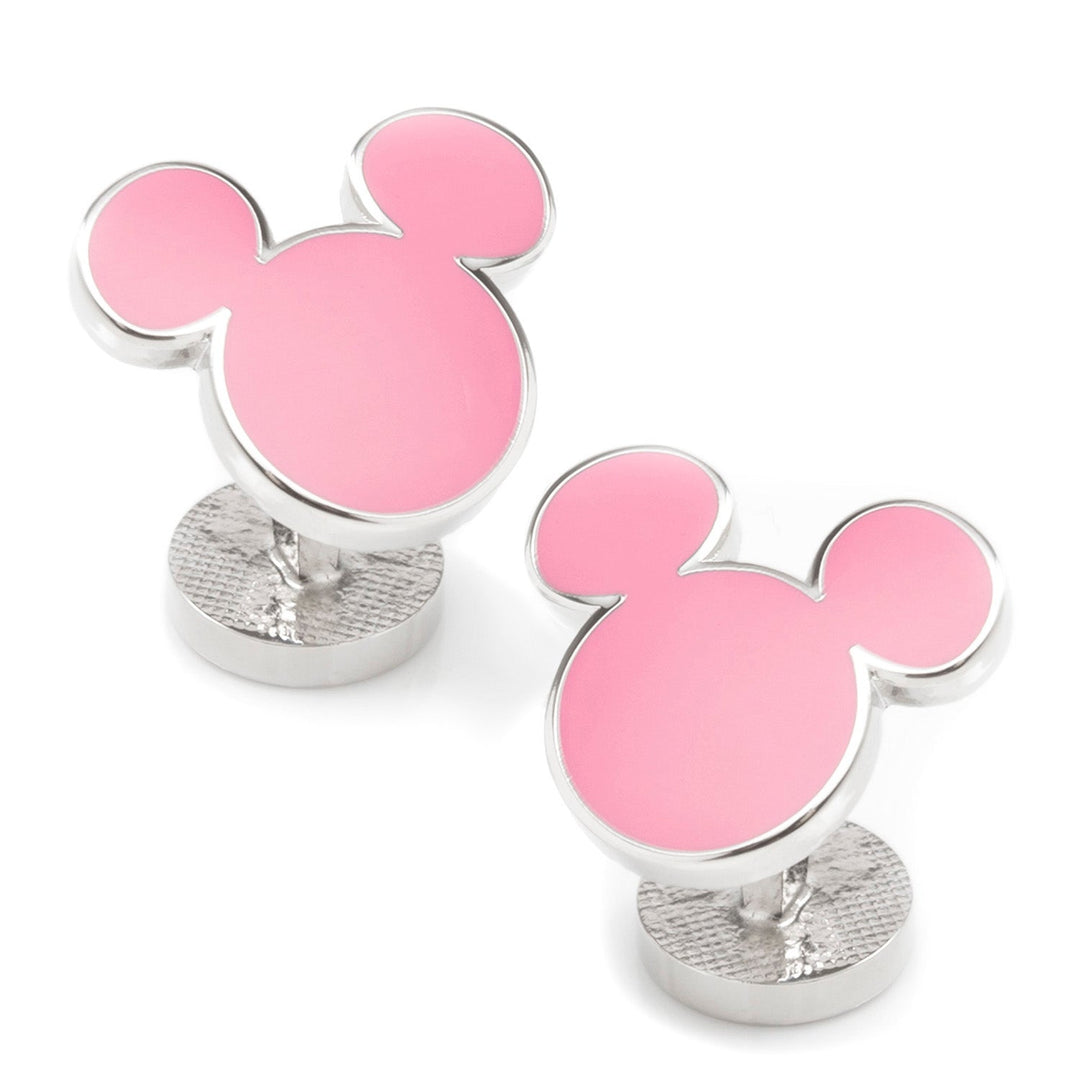 Disney Mickey Mouse Silhouette Pink Cufflinks featuring two silver cufflinks shaped like pink enamel Mickey Mouse silhouettes.