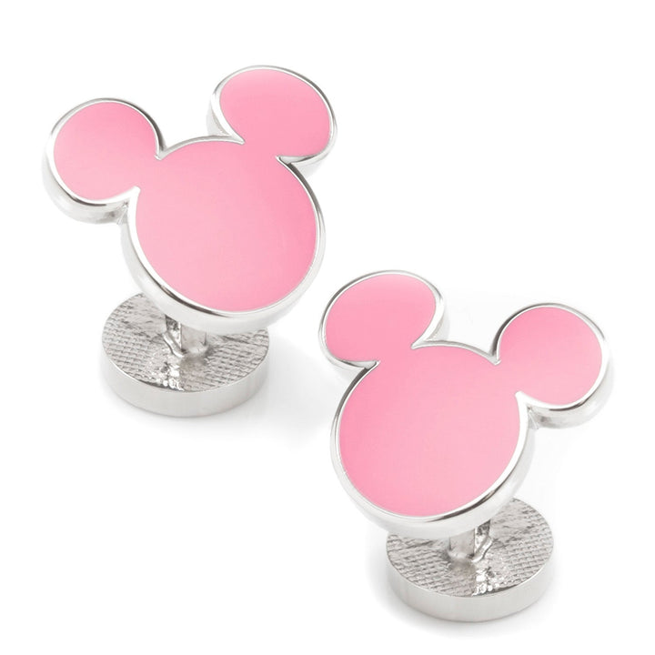 Disney Mickey Mouse Silhouette Pink Cufflinks featuring two silver cufflinks shaped like pink enamel Mickey Mouse silhouettes.