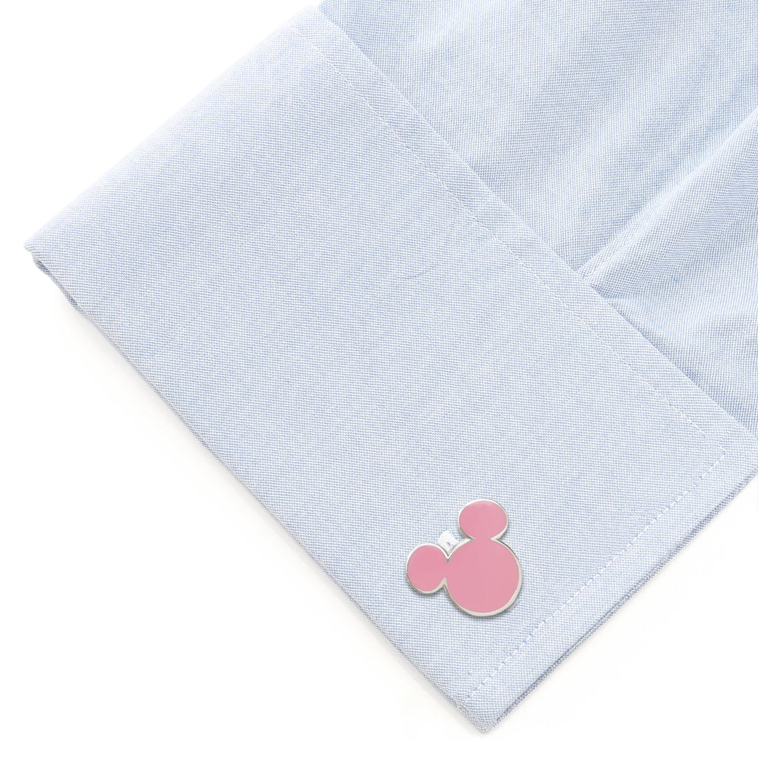 Disney Mickey Mouse Silhouette Pink Cufflinks featuring a pink enamel silhouette on a light blue dress shirt cuff.