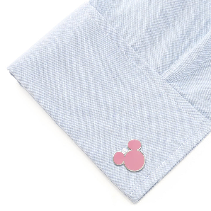 Disney Mickey Mouse Silhouette Pink Cufflinks featuring a pink enamel silhouette on a light blue dress shirt cuff.