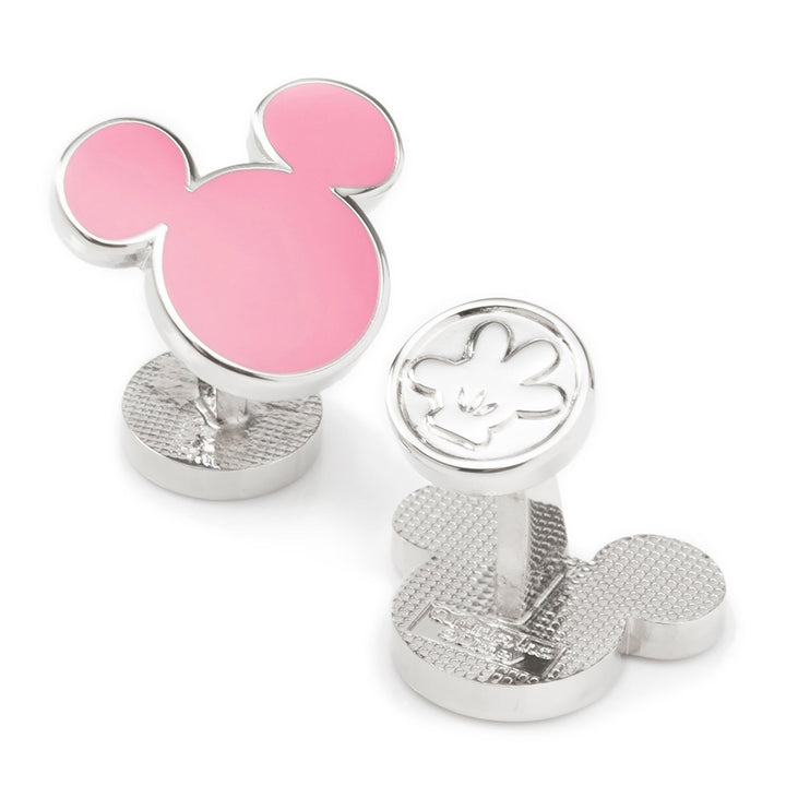 Disney Mickey Mouse Silhouette Pink Cufflinks featuring a silver design with a pink enamel silhouette and a debossed glove on the toggle.