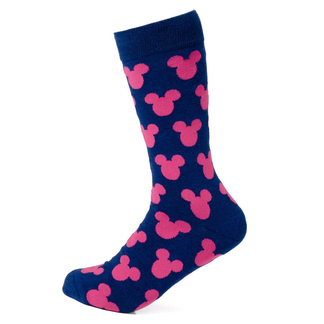 Disney Mickey Mouse Silhouette Pink Sock and Mickey Blue Lapel Pin Gift Set featuring a blue crew sock with a repeating pink Mickey silhouette pattern.