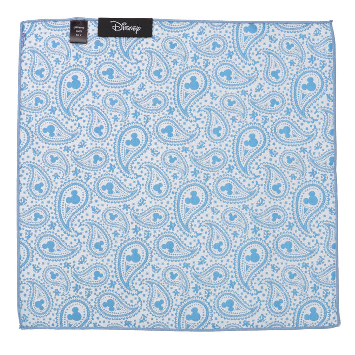 Disney Mickey Mouse Paisley Teal Pocket Square, a square silk accessory featuring a white and light blue paisley pattern with Mickey Mouse silhouettes.