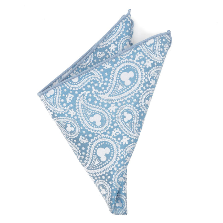 Disney Mickey Mouse Paisley Teal Pocket Square in teal silk with a white paisley pattern featuring Mickey Mouse silhouettes and stars.