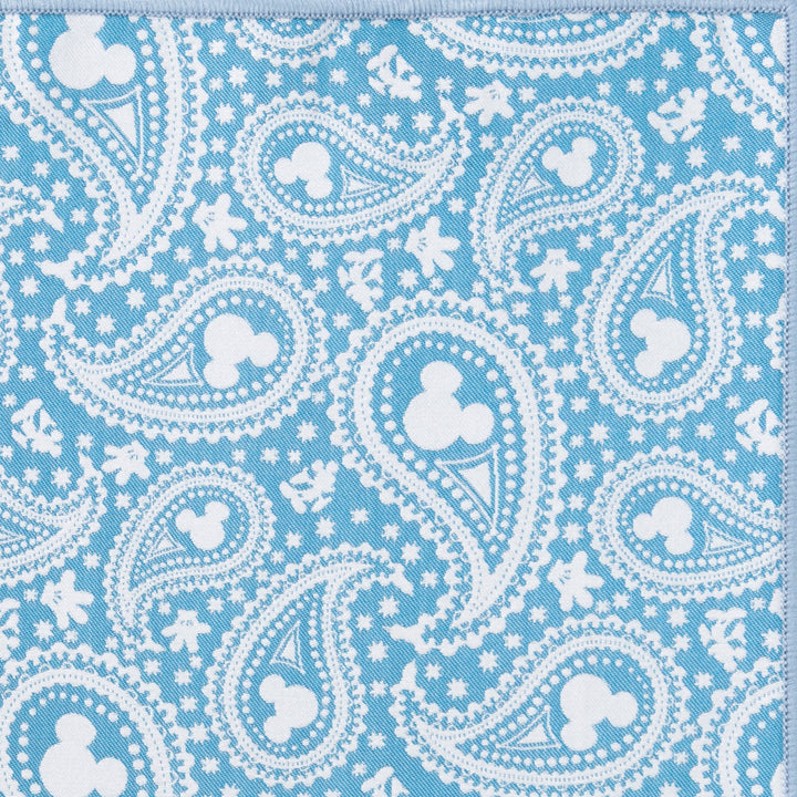 Disney Mickey Mouse Paisley Teal Pocket Square in teal silk with a white paisley pattern featuring Mickey Mouse head silhouettes.