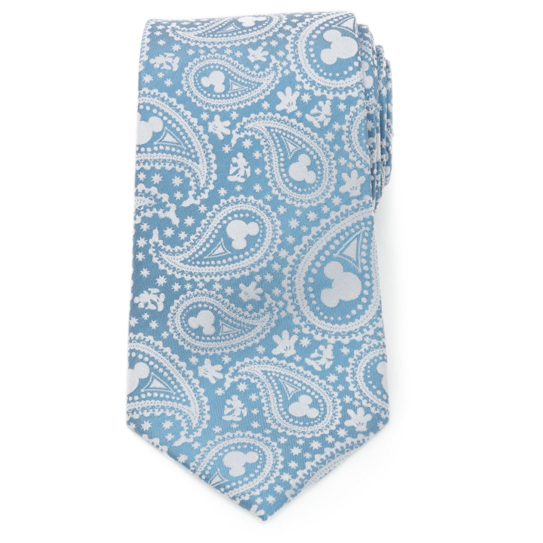 Disney Mickey Mouse Teal Paisley Men’s Tie in light blue silk, featuring a white pattern of hidden silhouettes and star shapes.