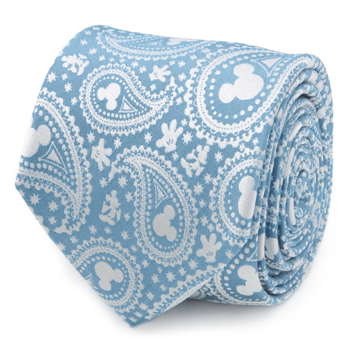 Rolled-up teal Disney Mickey Mouse Teal Paisley Men’s Tie with a white pattern featuring iconic silhouettes.