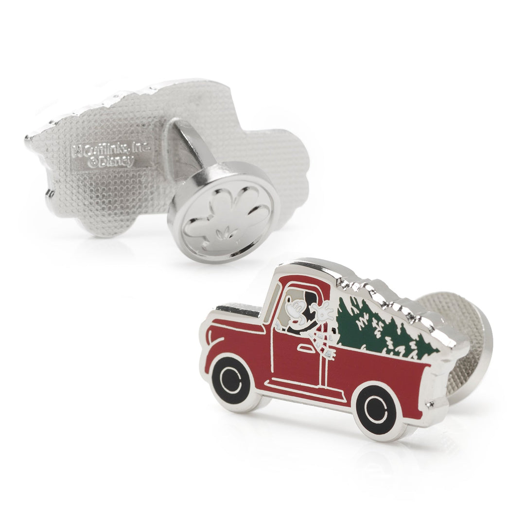 Disney Mickey Mouse Holiday Truck Cufflinks featuring a silver-tone red pickup truck carrying a Christmas tree with Mickey Mouse driving.