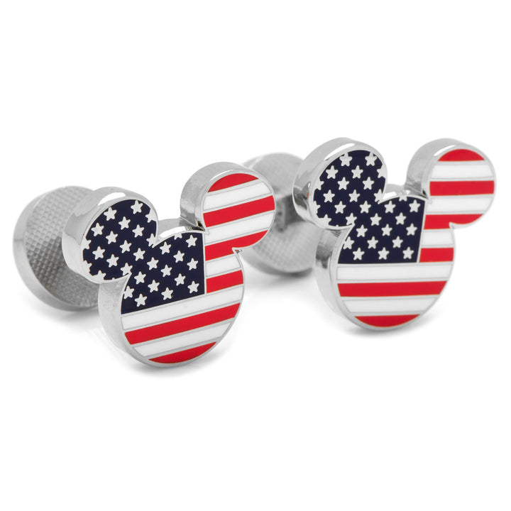 Disney Mickey Mouse Stars and Stripes Cufflinks shaped like two silver Mickey Mouse heads with an American flag pattern.
