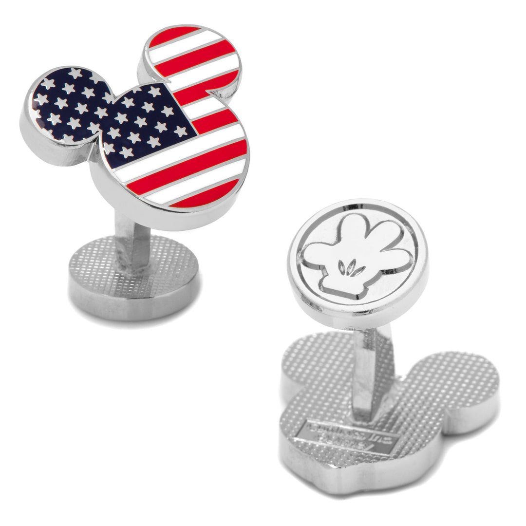 Disney Mickey Mouse Stars and Stripes Cufflinks featuring one silver-toned piece with a US flag pattern and another with an embossed Mickey Mouse glove design.
