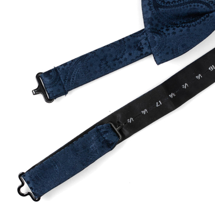 Disney Mickey Mouse Navy Paisley Bow Tie in navy blue with an adjustable neck strap showing size markings.