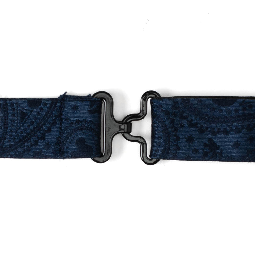 Disney Mickey Mouse Navy Paisley Bow Tie featuring a navy blue paisley pattern and a black metal hook-and-eye closure.