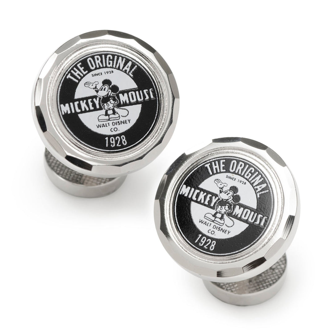 Disney Mickey Mouse Original Cufflinks are round and silver, featuring a black and white graphic of the character with the text “The Original Mickey Mouse 1928.”