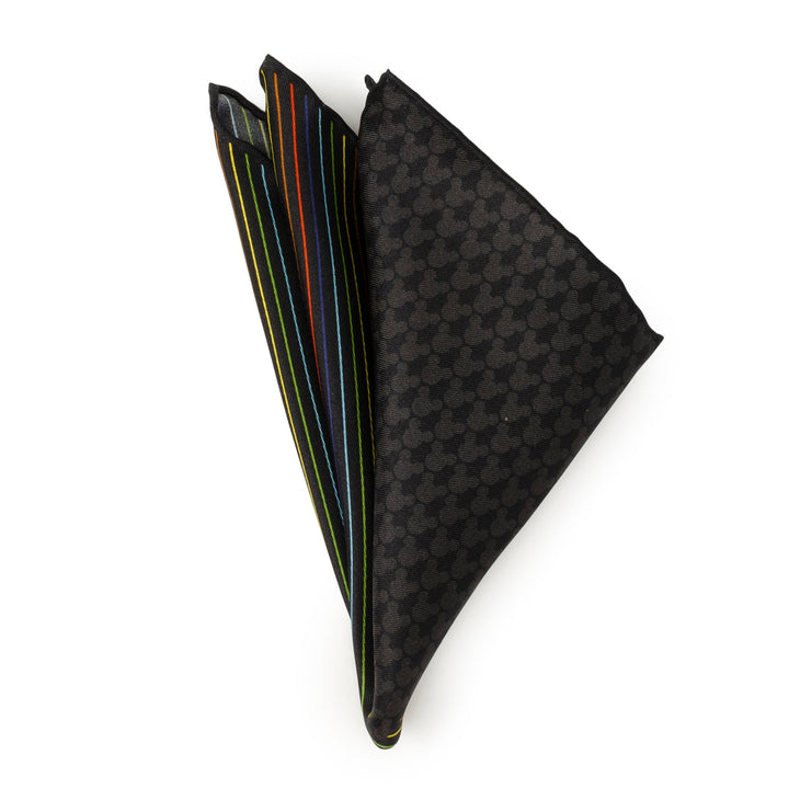 Disney Mickey Mouse Silhouette Rainbow Pocket Square featuring a black Mickey Mouse silhouette pattern on one side and multicolored vertical stripes on the other.