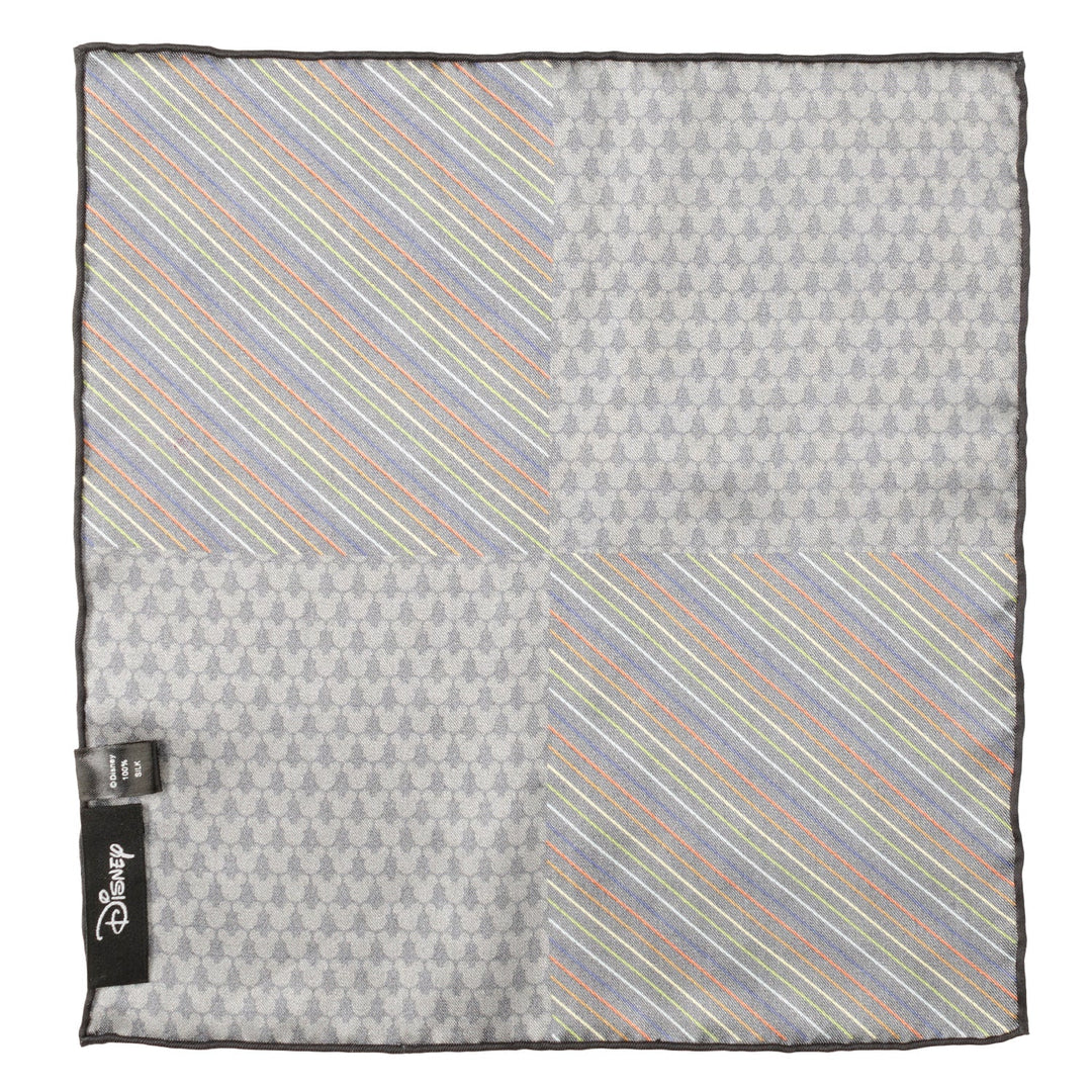 Cufflinks.com Disney Mickey Mouse Silhouette Rainbow Pocket Square featuring four quadrants of grey Mickey Mouse silhouettes alternating with diagonal rainbow stripes and a side fabric brand tag.