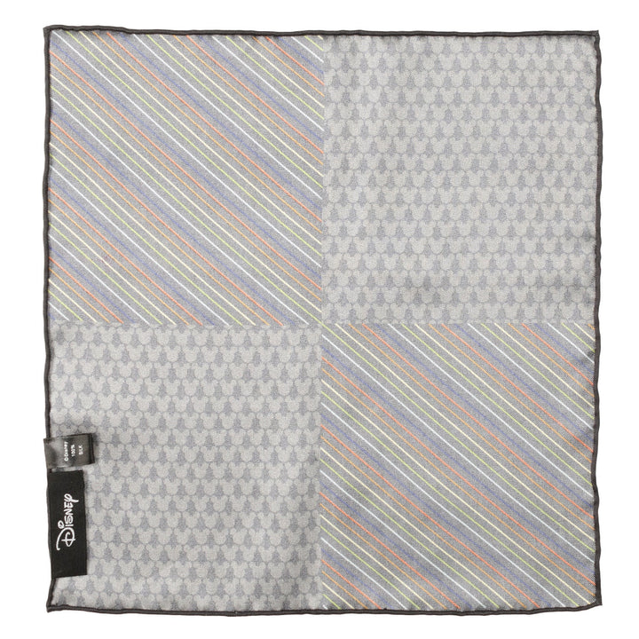 Cufflinks.com Disney Mickey Mouse Silhouette Rainbow Pocket Square featuring four quadrants of grey Mickey Mouse silhouettes alternating with diagonal rainbow stripes and a side fabric brand tag.
