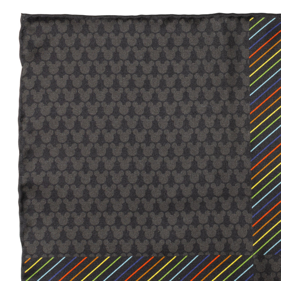 Disney Mickey Mouse Silhouette Rainbow Pocket Square featuring a gray repeating Mickey Mouse head pattern and a thin, multicolored diagonal striped border.