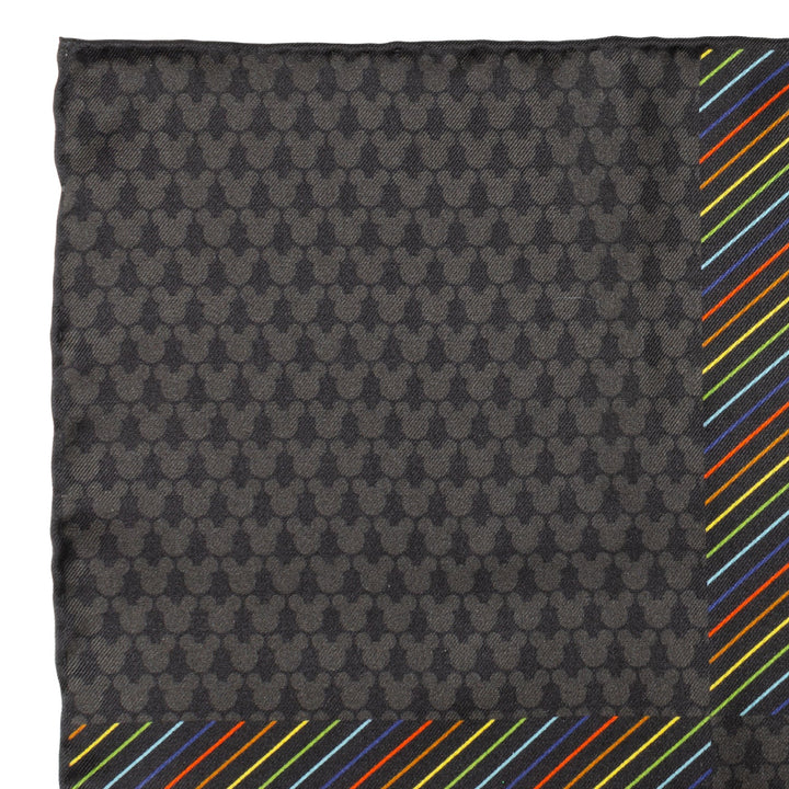 Disney Mickey Mouse Silhouette Rainbow Pocket Square featuring a gray repeating Mickey Mouse head pattern and a thin, multicolored diagonal striped border.