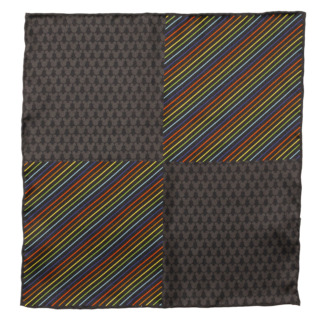 Disney Mickey Mouse Silhouette Rainbow Pocket Square divided into four quadrants, alternating between black squares with a repeating Mickey Mouse silhouette and black squares with diagonal rainbow stripes.