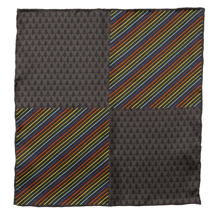 Disney Mickey Mouse Silhouette Rainbow Pocket Square divided into four quadrants, alternating between black squares with a repeating Mickey Mouse silhouette and black squares with diagonal rainbow stripes.