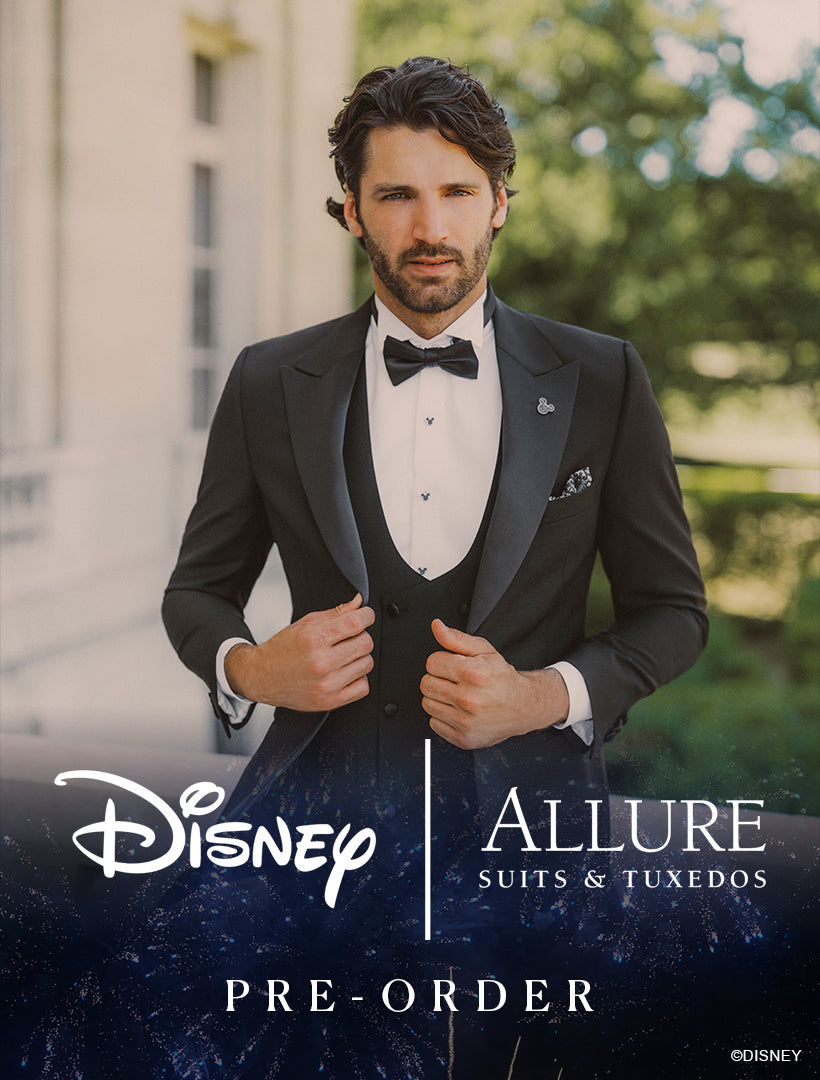 A man wearing a black slim-fit tuxedo with a bow tie, presented as a Karako Men Disney Tuxedo Preorder Deposit with “PRE-ORDER” text overlaid at the bottom.