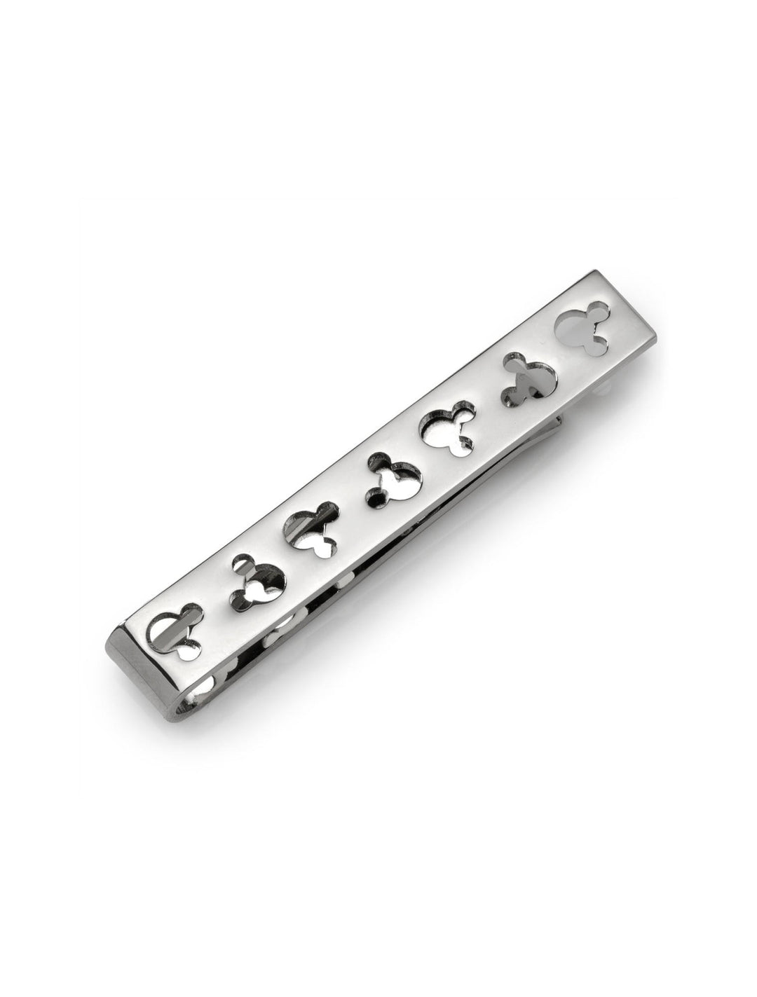 Disney Mickey Mouse Silhouette Cutout Silver Tie Bar featuring a row of cut-out silhouettes.