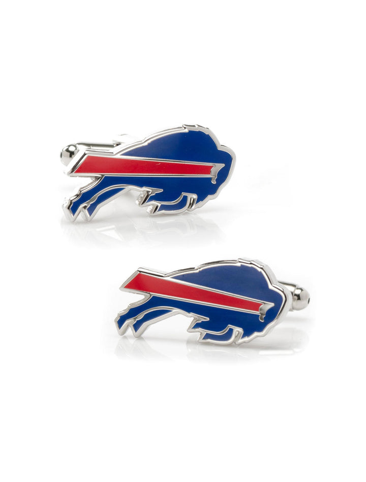 NFL Buffalo Bills Cufflinks in silver-tone featuring the team’s charging bison logo in blue, red, and white.