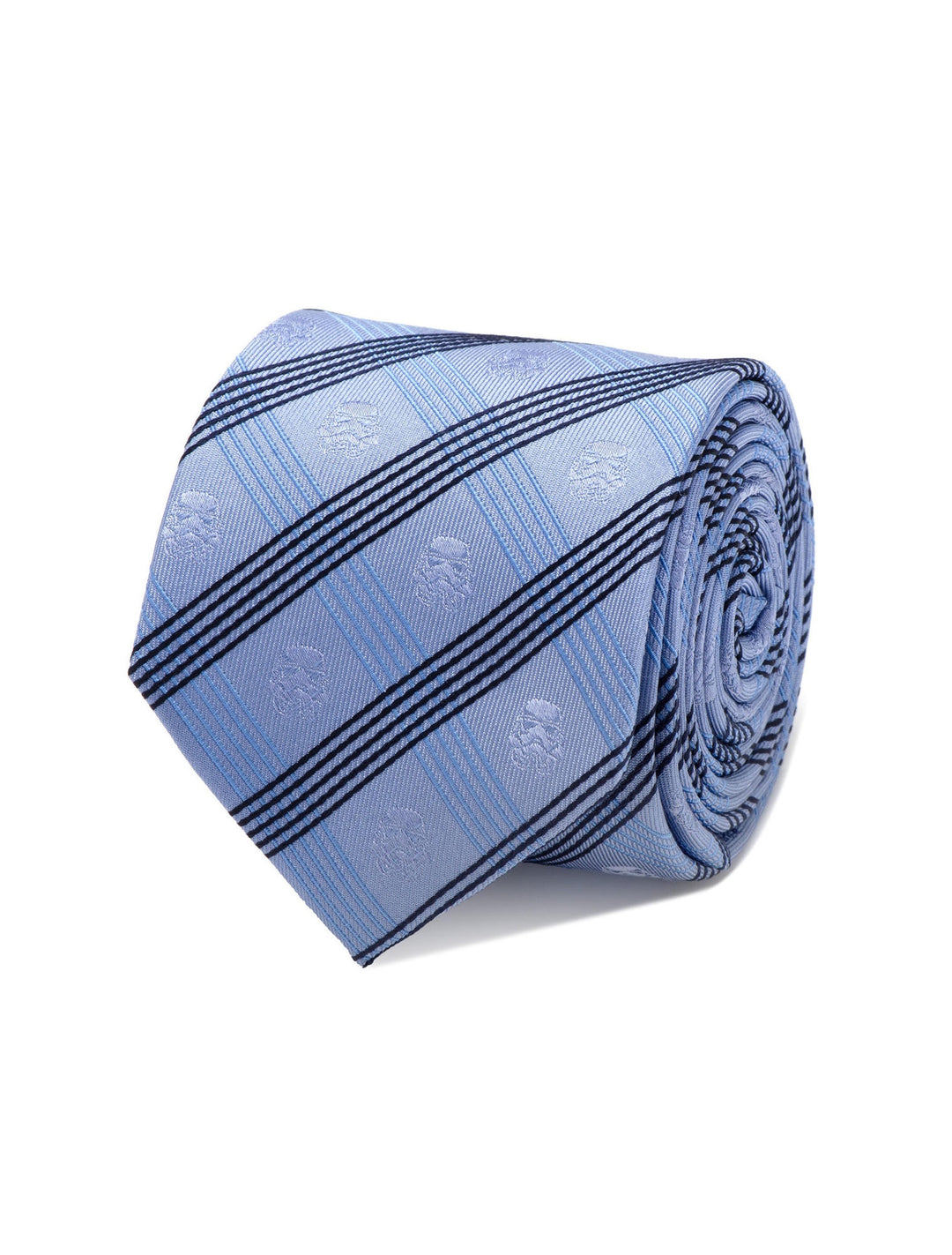 Star Wars Stormtrooper Blue Plaid Tie in light blue with black diagonal stripes and a repeating subtle Stormtrooper helmet pattern.