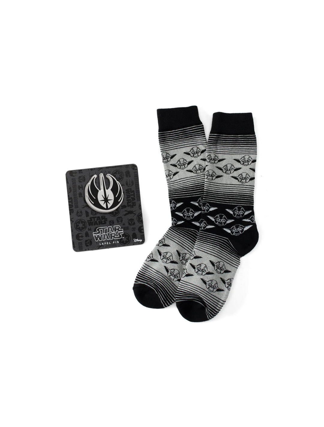 Star Wars Yoda Gray and Black Ombre Pattern Dress Socks with Jedi Crest Lapel Pin on a display card.