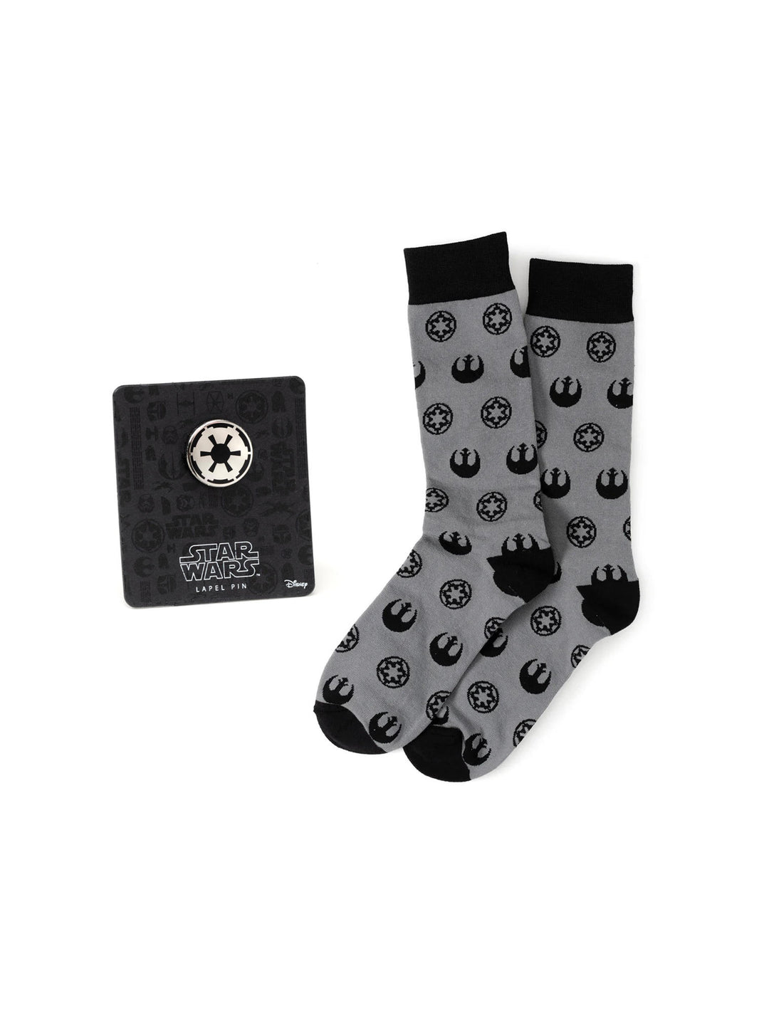 Star Wars Rebel Alliance Starbird Crest and Imperial Crest Gray Dress Socks and Lapel Pin Gift Set featuring gray crew socks and a silver Imperial Icon Lapel Pin on a black display card.