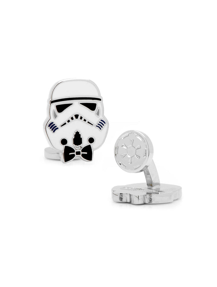 Star Wars Stormtrooper with Bow Tie Cufflinks in silver-tone, shaped like a helmet with a black bow tie and a circular Galactic Empire emblem on the back.
