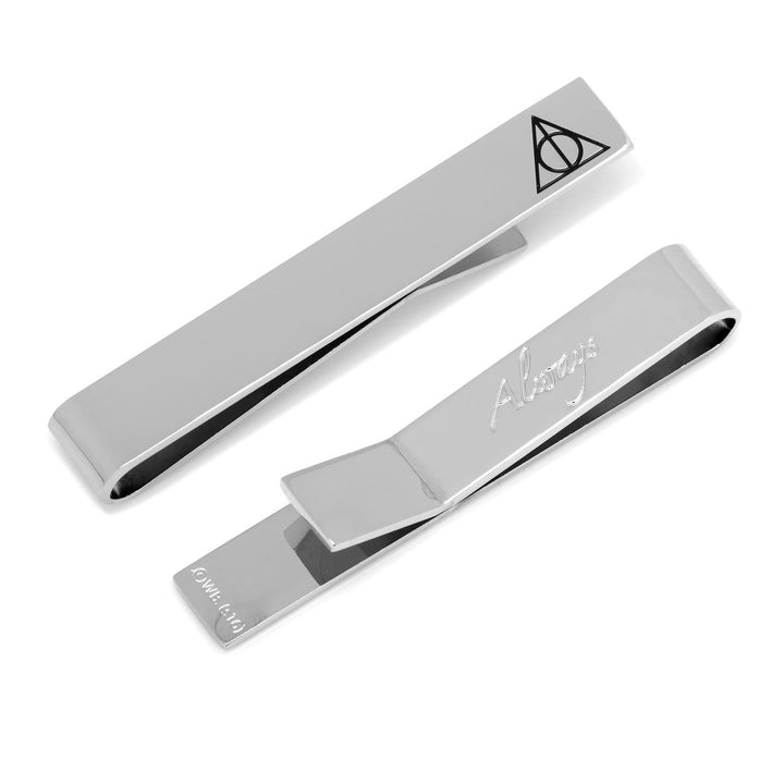 Two silver-toned Harry Potter Deathly Hallows “Always” Hidden Message Tie Bars, one featuring the Deathly Hallows symbol and the other engraved with the word “Always.”