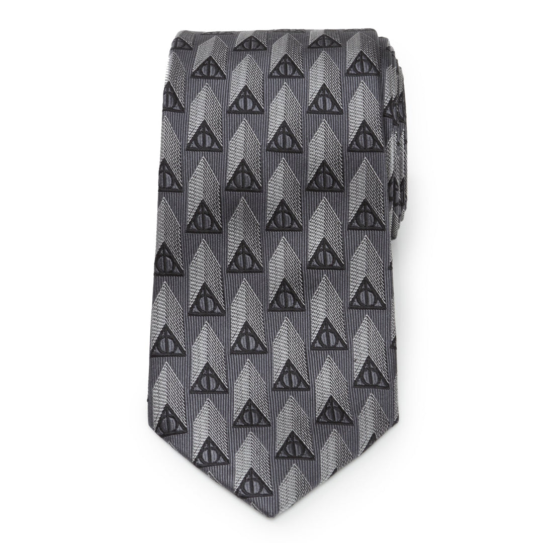 Harry Potter Deathly Hallows Gray Silk Men’s Tie featuring a repeating pattern of Deathly Hallows symbols within triangles.