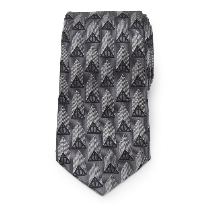 Harry Potter Deathly Hallows Gray Silk Men’s Tie featuring a repeating pattern of Deathly Hallows symbols within triangles.