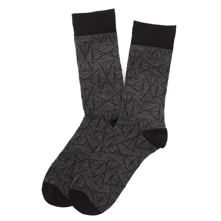 Harry Potter Deathly Hallows Black Men’s Socks in dark grey featuring a repeating black Deathly Hallows symbol pattern with black cuffs, heels, and toes.