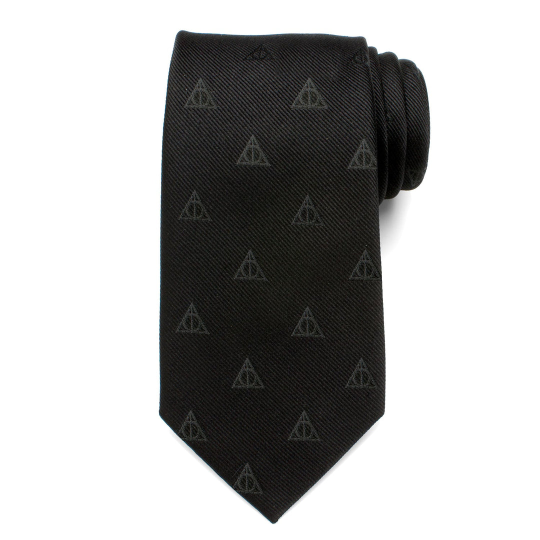 Black silk Harry Potter Deathly Hallows Tie with a repeating tonal Deathly Hallows symbol pattern.