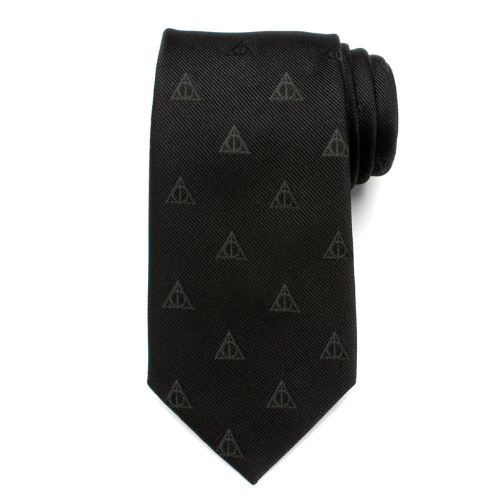 Black silk Harry Potter Deathly Hallows Tie with a repeating tonal Deathly Hallows symbol pattern.