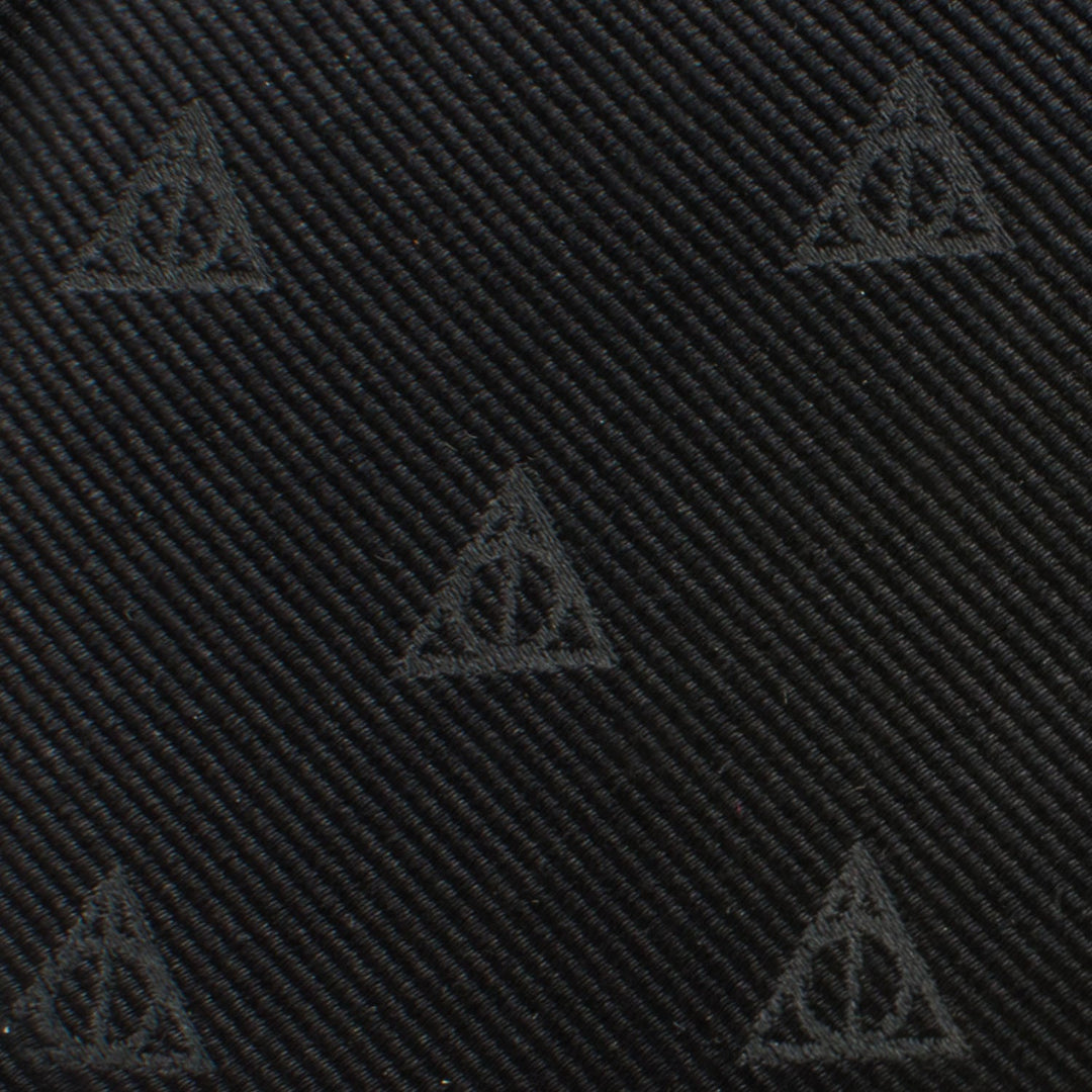 Harry Potter Deathly Hallows Tie in black silk featuring a repeating pattern of the Deathly Hallows symbol.