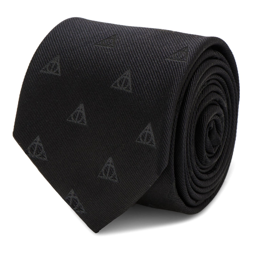 Black silk Harry Potter Deathly Hallows Tie coiled and patterned with a subtle, repeating Deathly Hallows symbol.