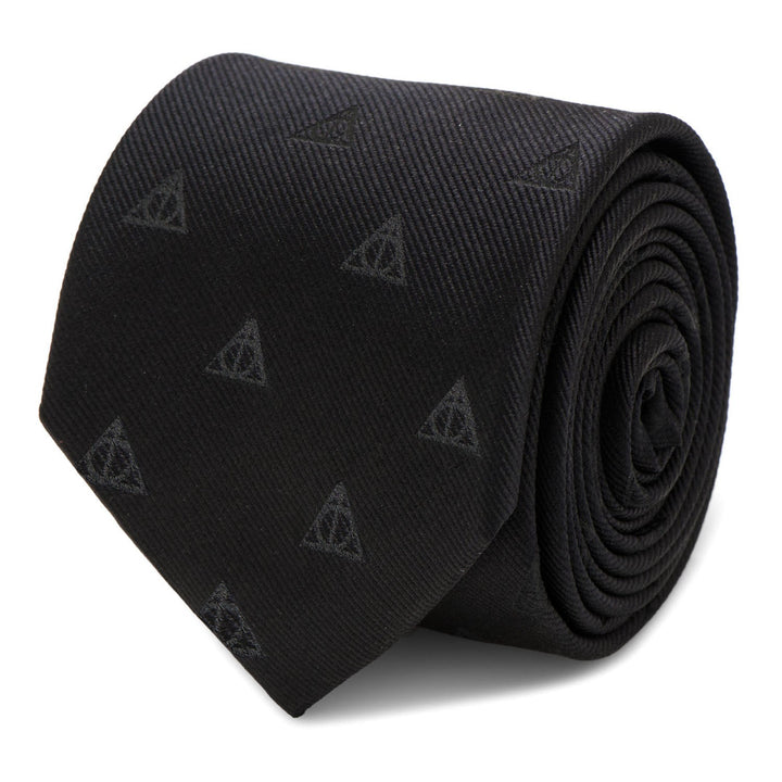 Black silk Harry Potter Deathly Hallows Tie coiled and patterned with a subtle, repeating Deathly Hallows symbol.