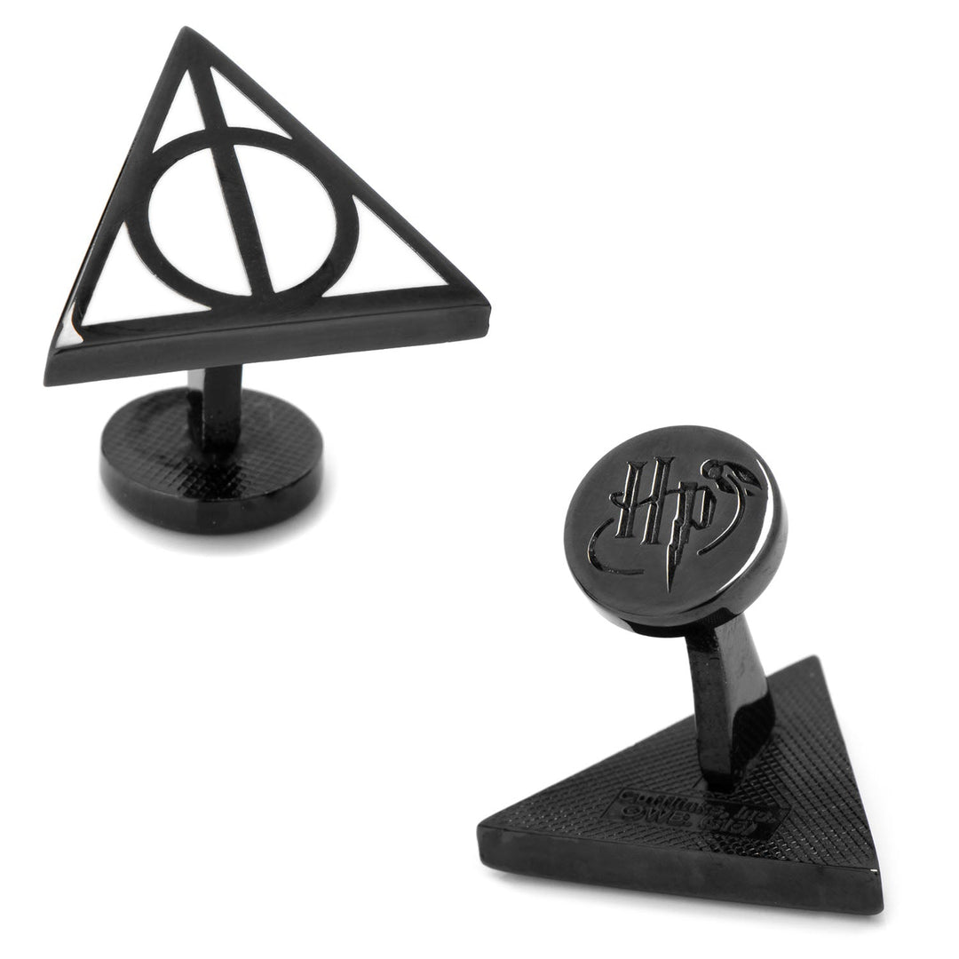 Harry Potter Deathly Hallows Cufflinks: two black metal cufflinks, one featuring a triangular Deathly Hallows symbol and the other an HP logo.
