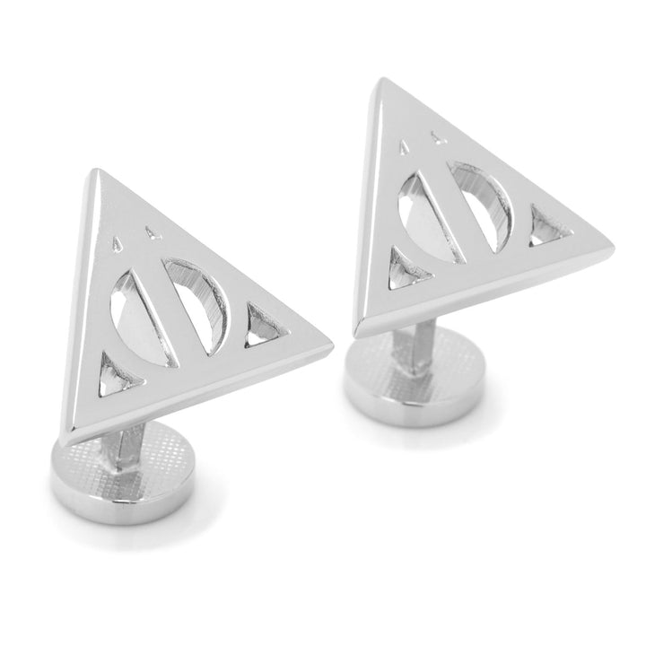 Harry Potter Silver Deathly Hallows cufflinks in silver, triangular shapes featuring a cutout symbol.