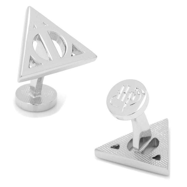 Harry Potter Silver Deathly Hallows Cufflinks shaped as the Deathly Hallows symbol with a circular post engraved with “HP.”