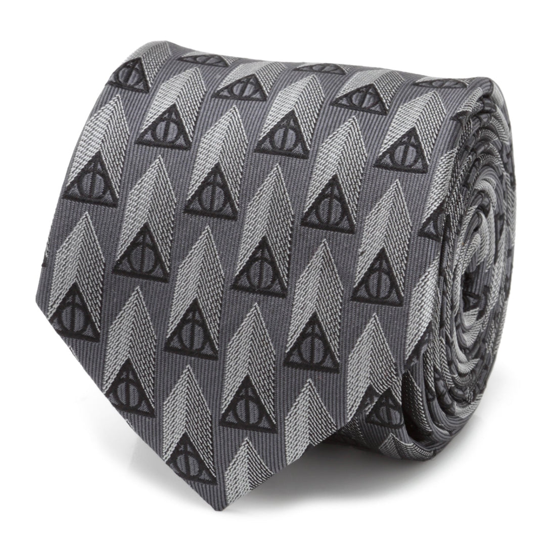 Harry Potter Deathly Hallows Gray Necktie featuring a repeating pattern of dark Deathly Hallows symbols over light gray geometric arrow shapes.