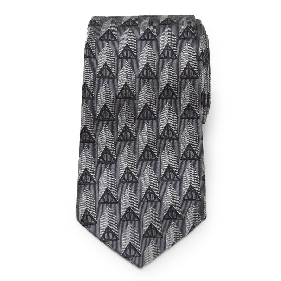 Harry Potter Deathly Hallows Gray Necktie Gift Set featuring a repeating pattern of Deathly Hallows symbols within triangle shapes.