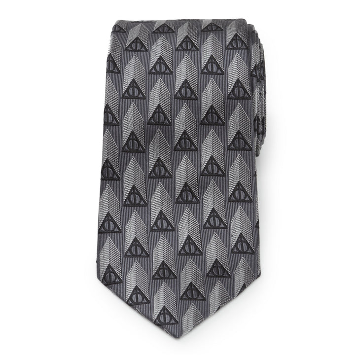 Harry Potter Deathly Hallows Gray Necktie Gift Set featuring a repeating pattern of Deathly Hallows symbols within triangle shapes.